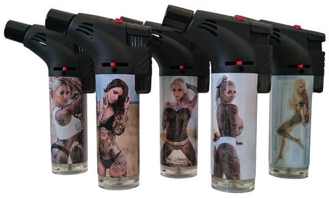 139-TG -- CASE OF 15 REAL TATTOO GIRL SLANT TORCH LIGHTERS ($2.5 EA)