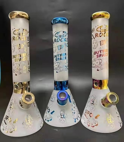 14" 125GMS ELECTROPLATED & SAND BLATED DESIGN GLASS WATER PIPE WITH OUTER SPACE DESIGN , WITH GLASS DOWNSTEM AND 14MM FUNNEL BOWL